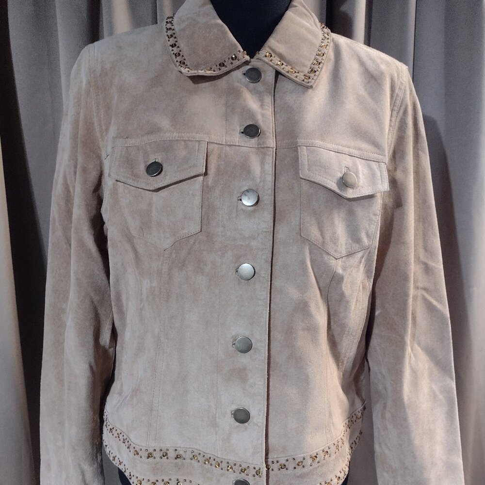 Women’s Tribal Suede Light Tan Jacket with Embellishments – Size 12
